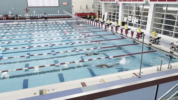 Competition swimming pool with lane ropes and starting blocks